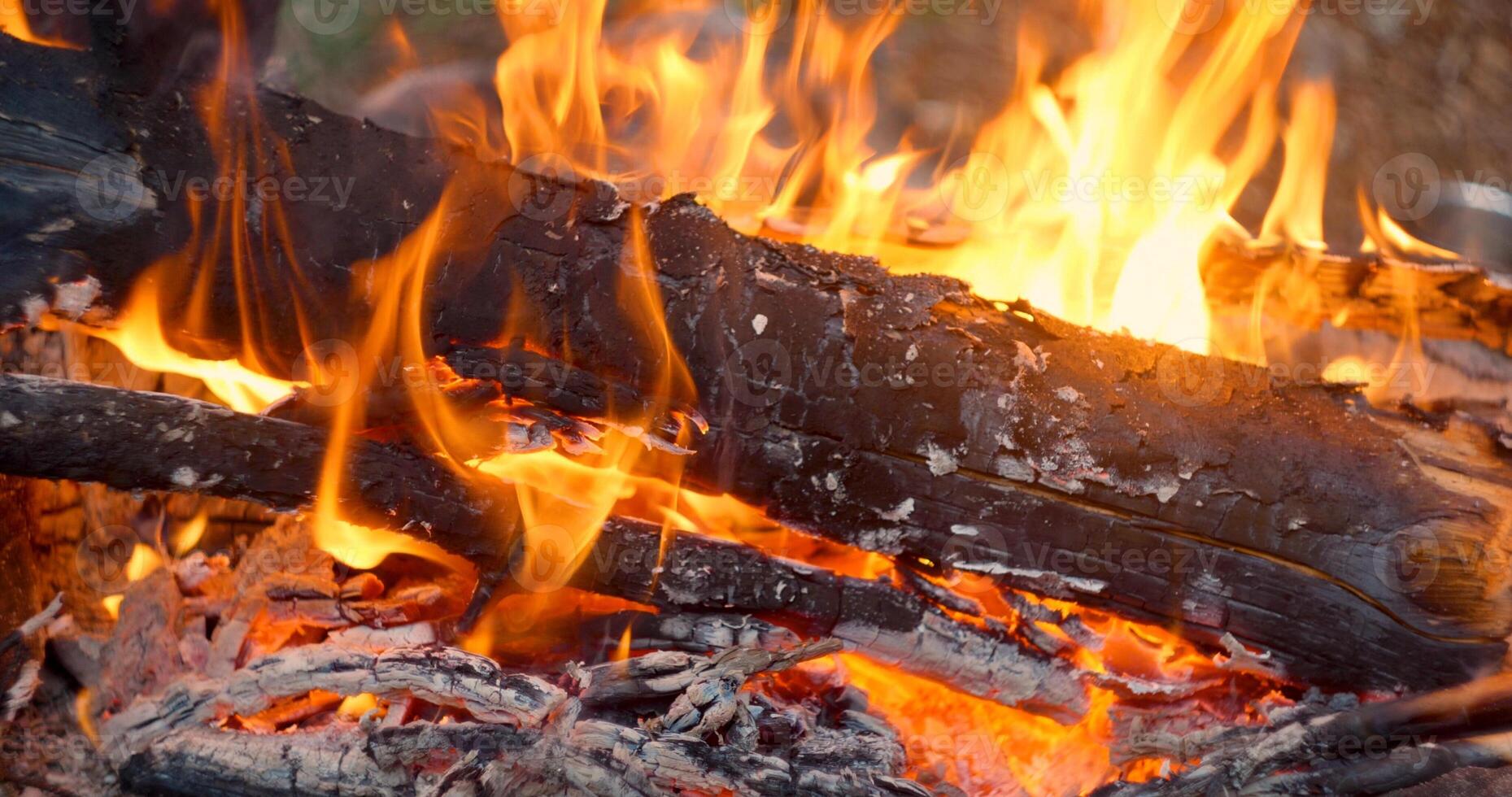 fermer vue de feu flammes de camping feu, lent mouvement brûlant bois de chauffage. confortable fin de semaine, bois de chauffage, brûlant journaux, chaleur, camping, la nature Extérieur des loisirs concept. photo