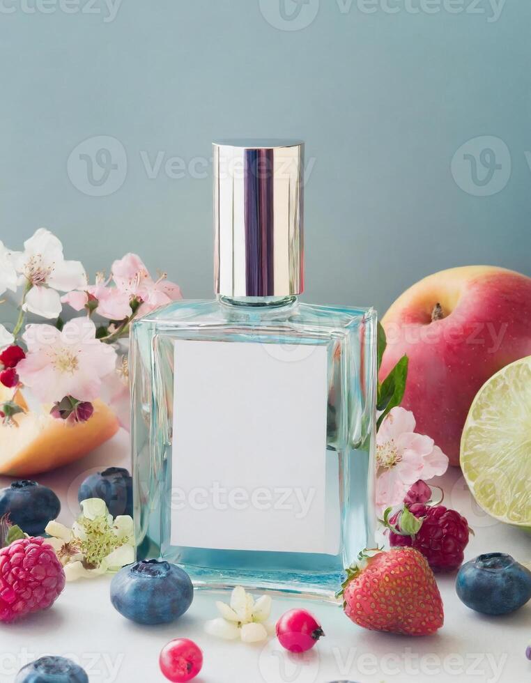 transparent parfum bouteille moquer en haut avec fleurs, baies, des fruits sur Contexte photo