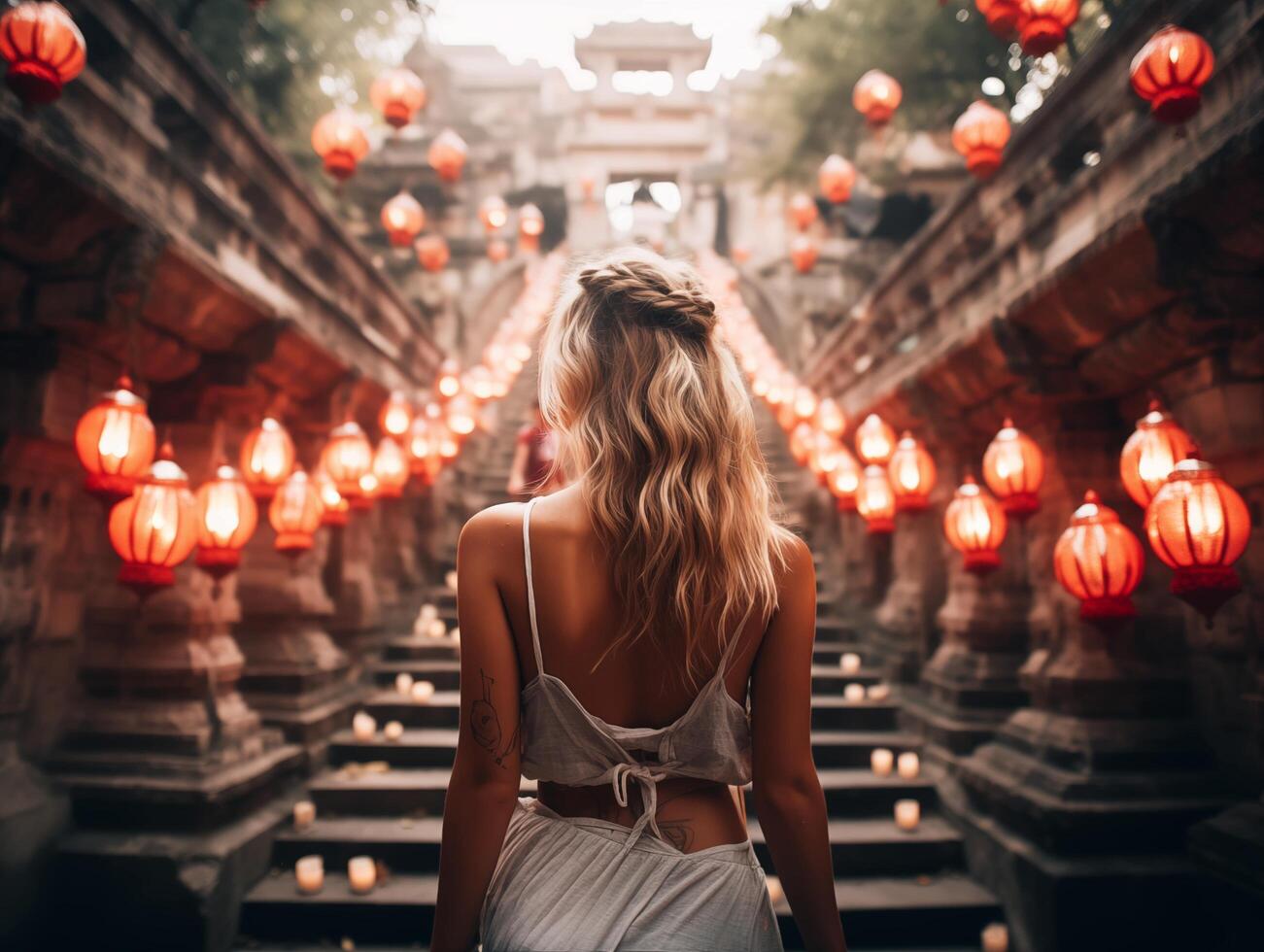 ai généré magnifique fille avec rouge lanternes dans le vieux temple, photo