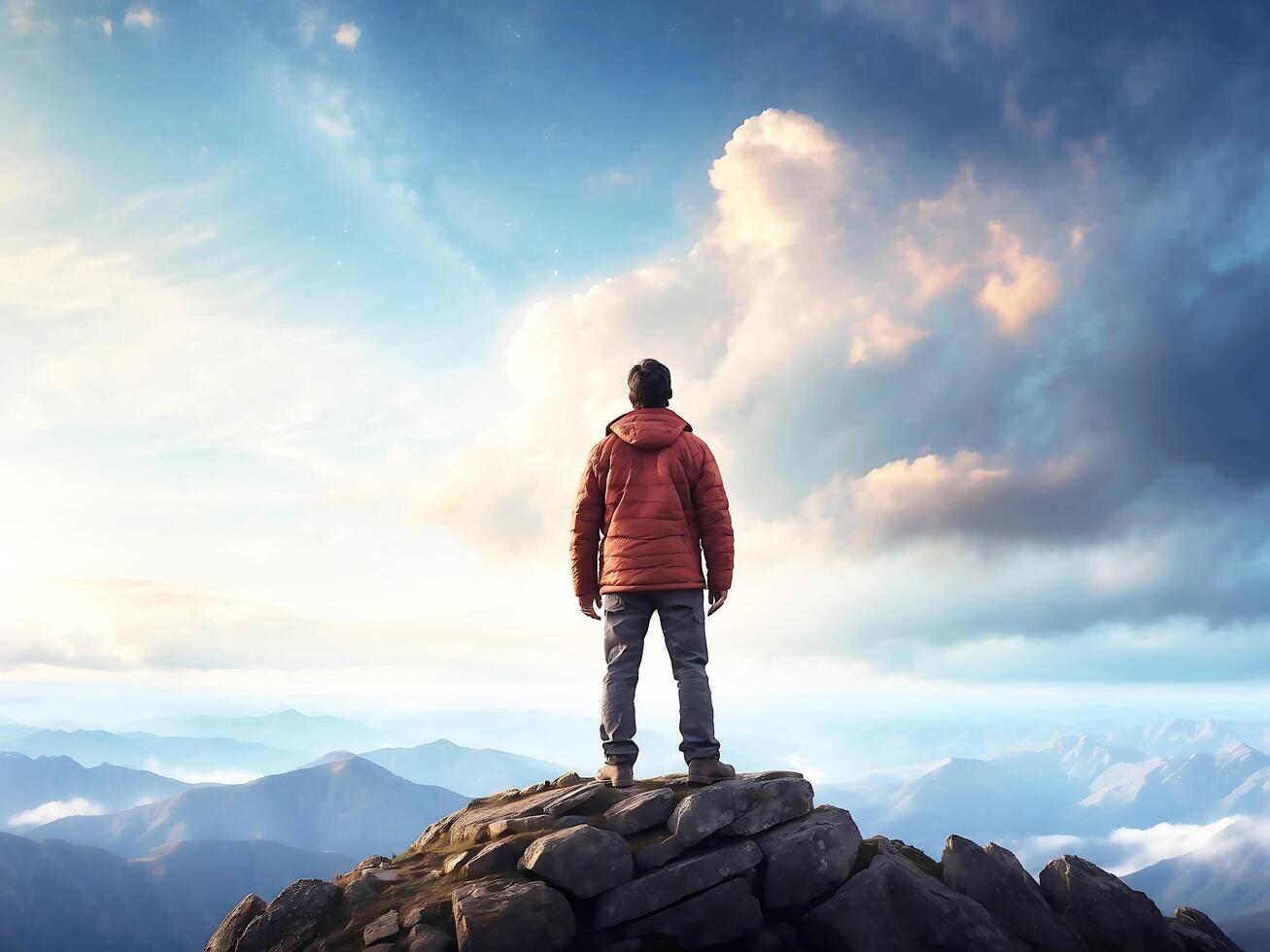 ai généré une homme permanent sur Haut de une Montagne à la recherche à le ciel . photo