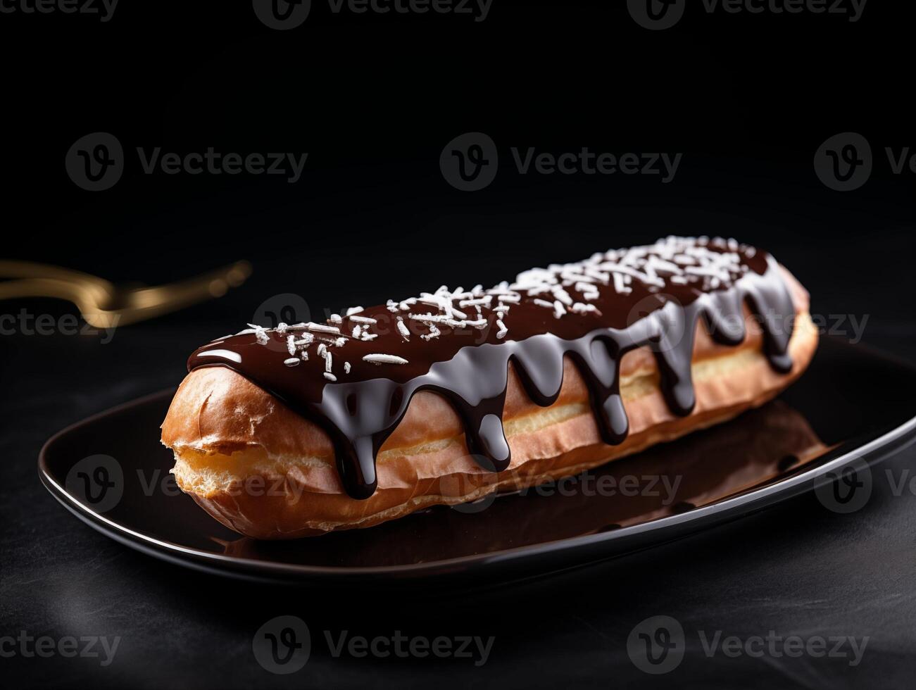 ai généré Chocolat éclair sur une noir assiette sur une noir Contexte. photo