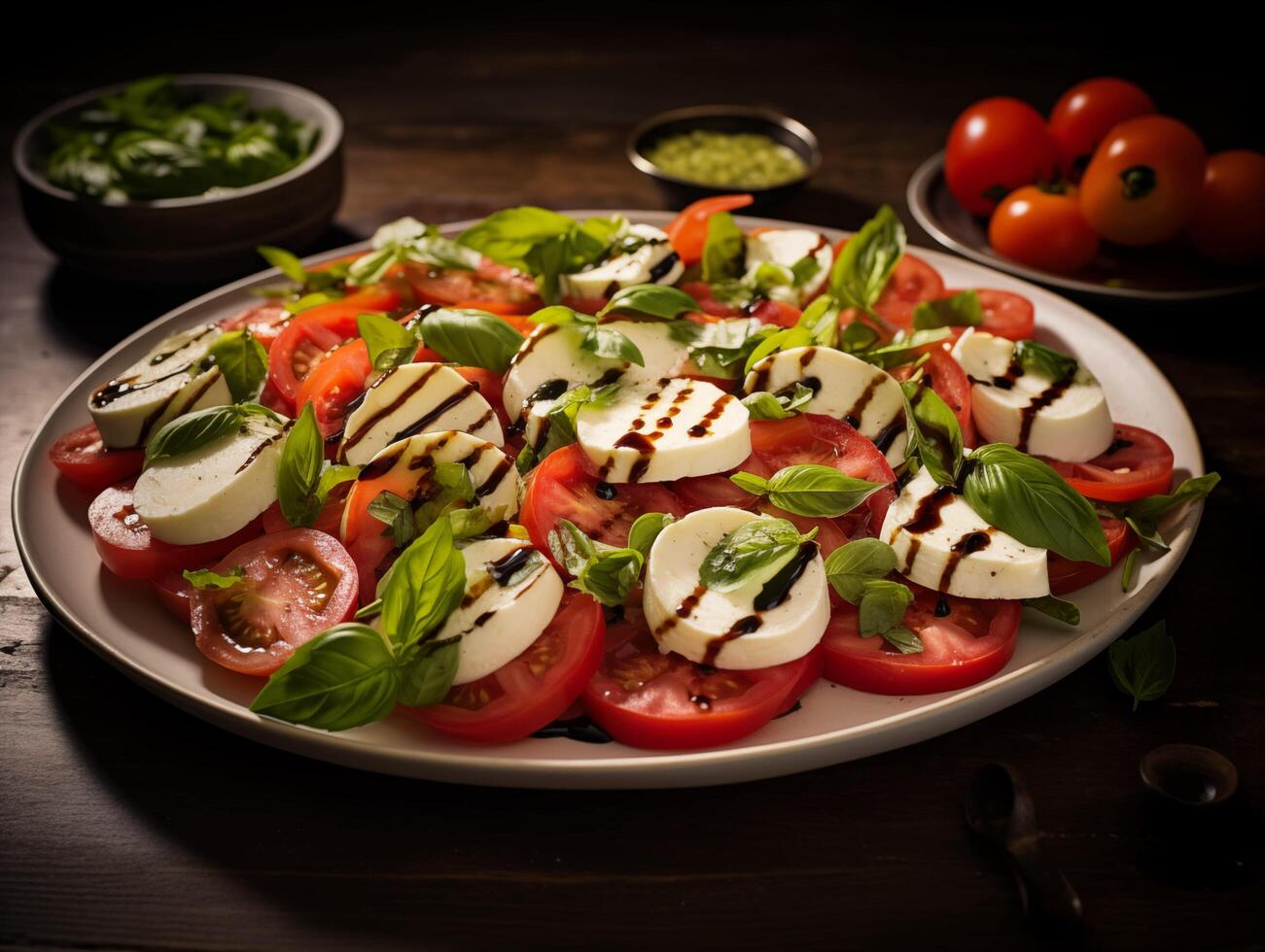 ai généré caprese salade avec tomates, mozzarella fromage et basilic photo