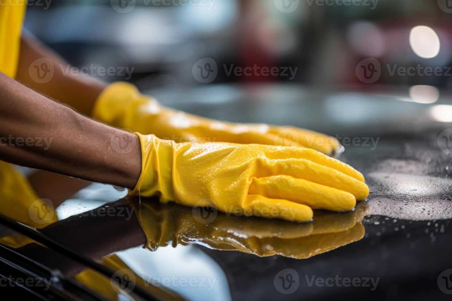ai généré fermer africain américain professionnel ouvrier nettoyeur Masculin spécialiste homme ganté mains gants la lessive nettoyage voiture voiture essuyage laver automobile transport mécanicien antiseptique photo