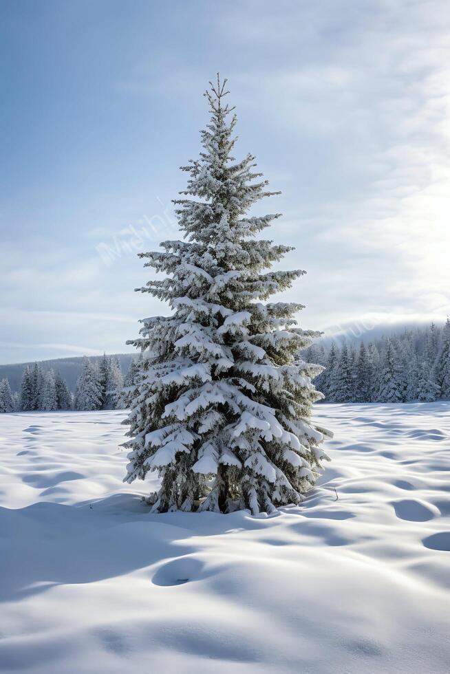 pin des arbres ou décoré Noël arbre couvert par neige sur magnifique l'hiver. Noël thème en plein air par ai généré photo