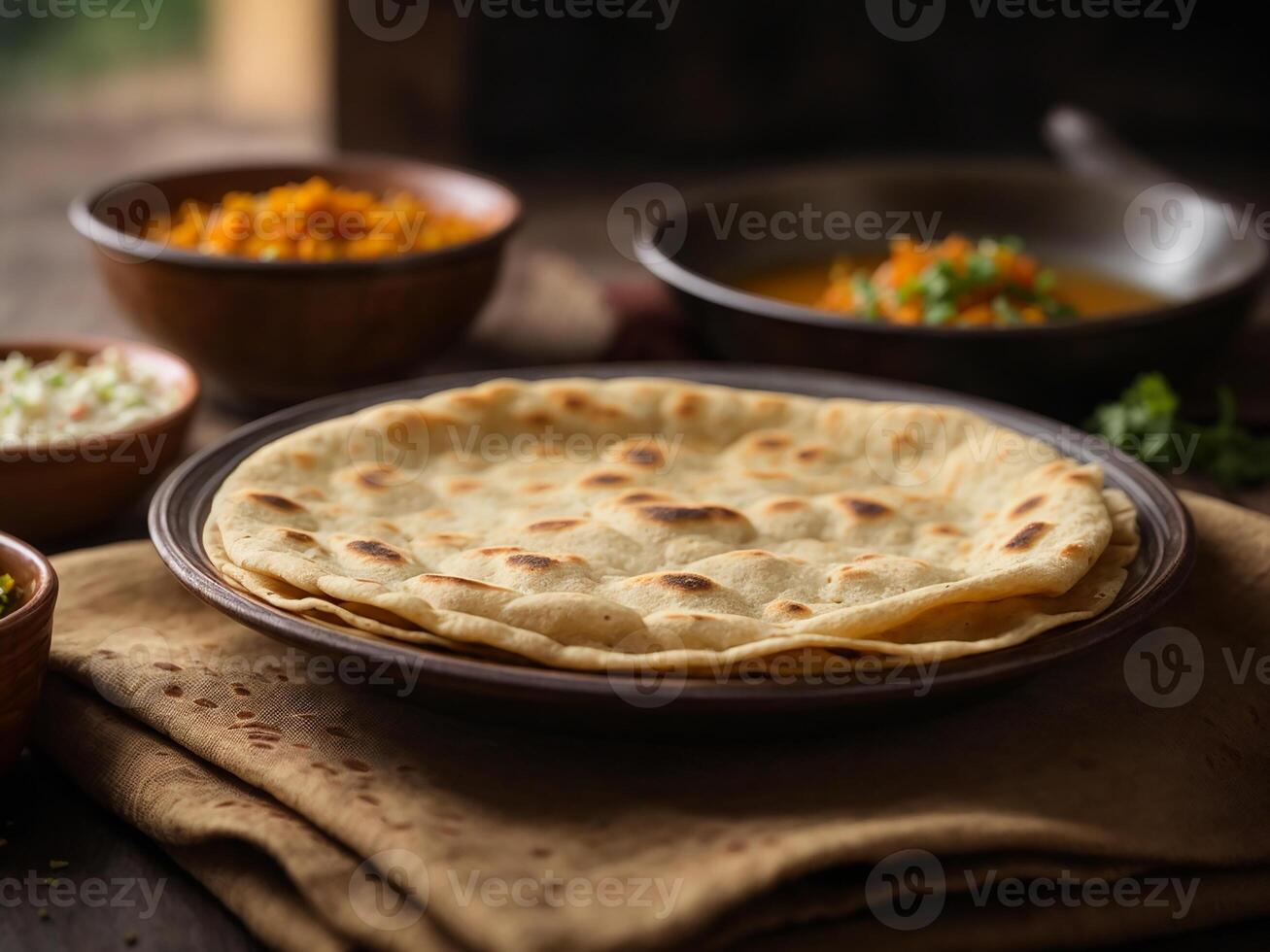 ai généré hapati tava rôti aussi connu comme Indien pain ou fulka phulka. principale ingrédient de le déjeuner dîner dans Inde Pakistan photo