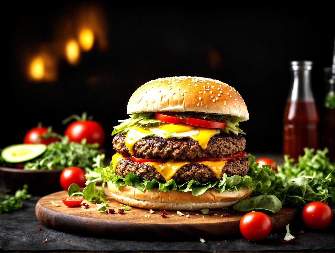 ai généré savoureux cheeseburger avec Viande tomates et vert salade sur foncé Contexte photo