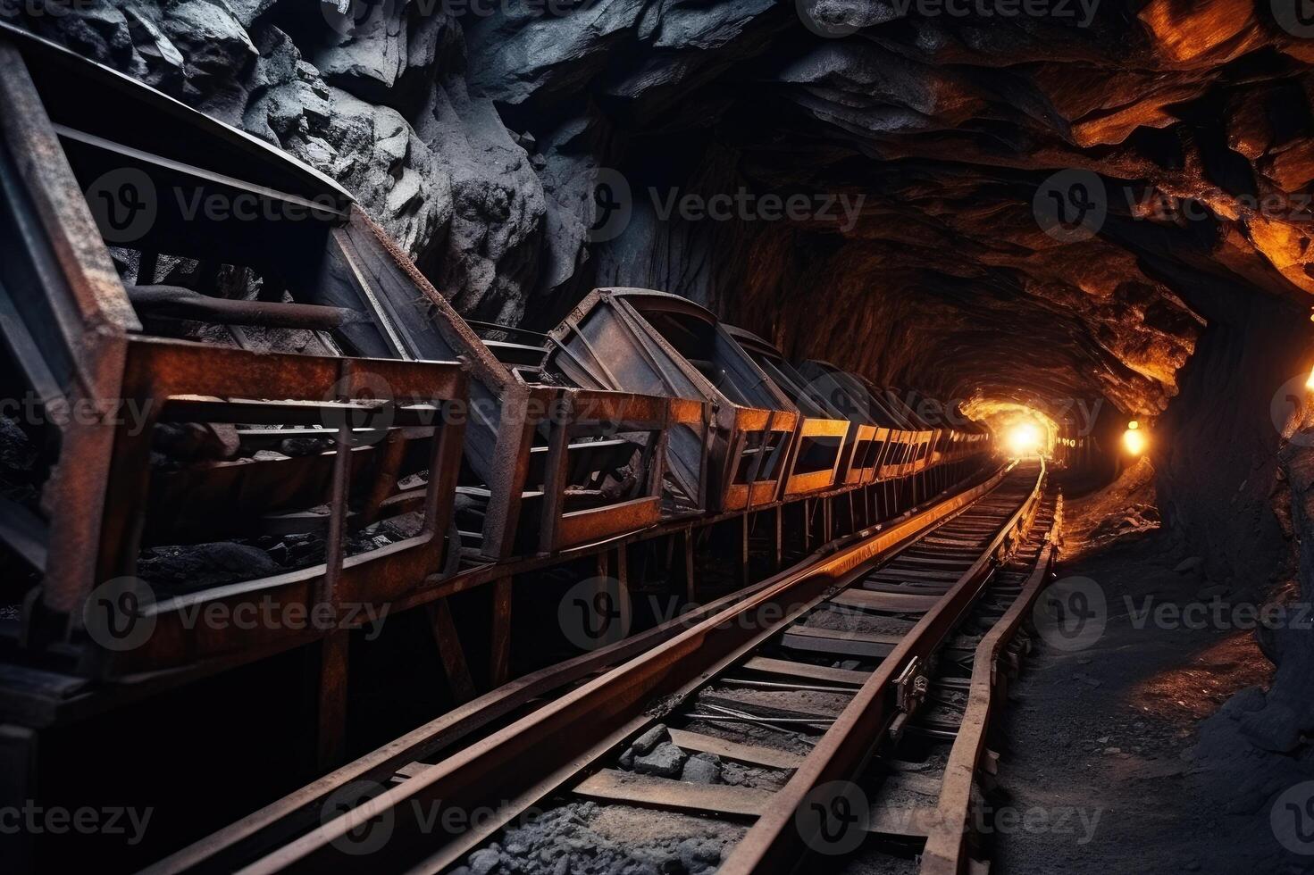 ai généré rail convoyeur dans un souterrain tunnel. transport de minerai ou charbon à le surface photo