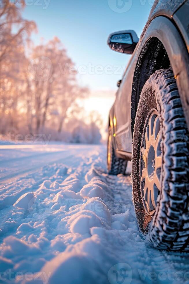 ai généré fermer image de une voiture pneus sur le route dans l'hiver. photo