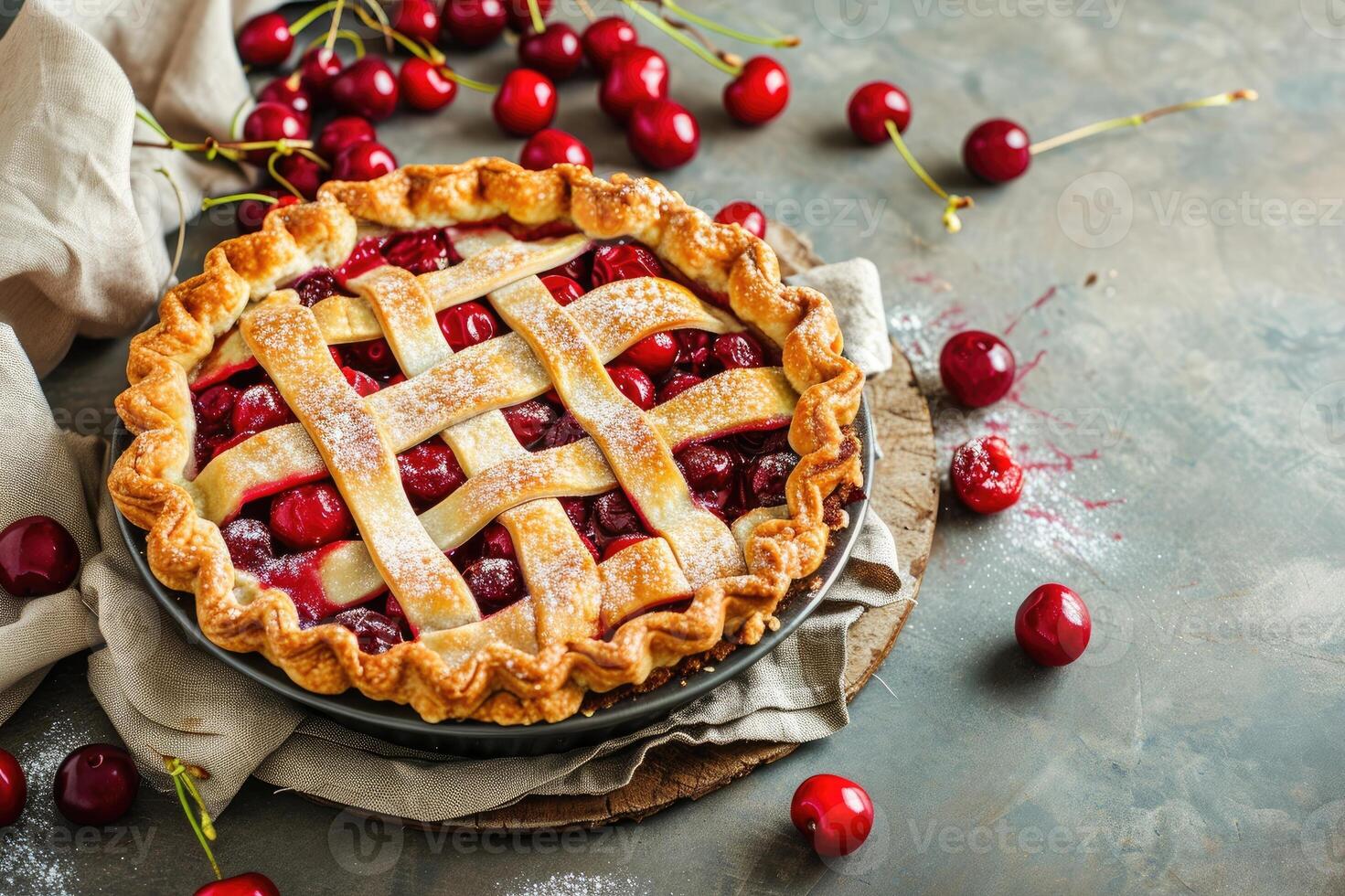 ai généré fait maison Cerise tarte sur rustique Contexte. photo