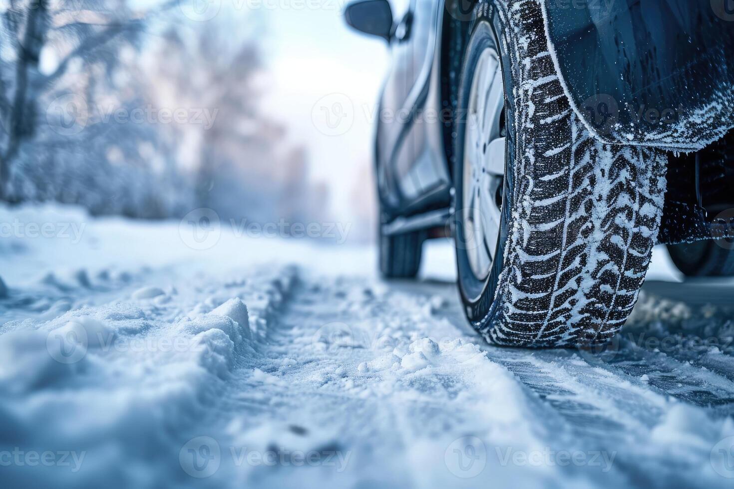 ai généré fermer image de une voiture pneus sur le route dans l'hiver. photo