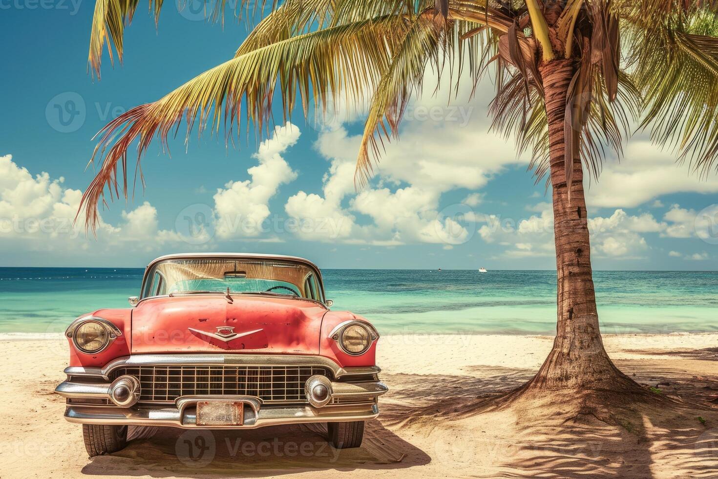 ai généré rouge vieux voiture garé sur une tropical plage photo