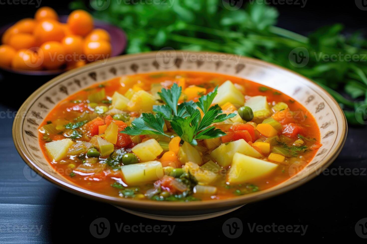 ai généré fait maison légume soupe sur assiette photo