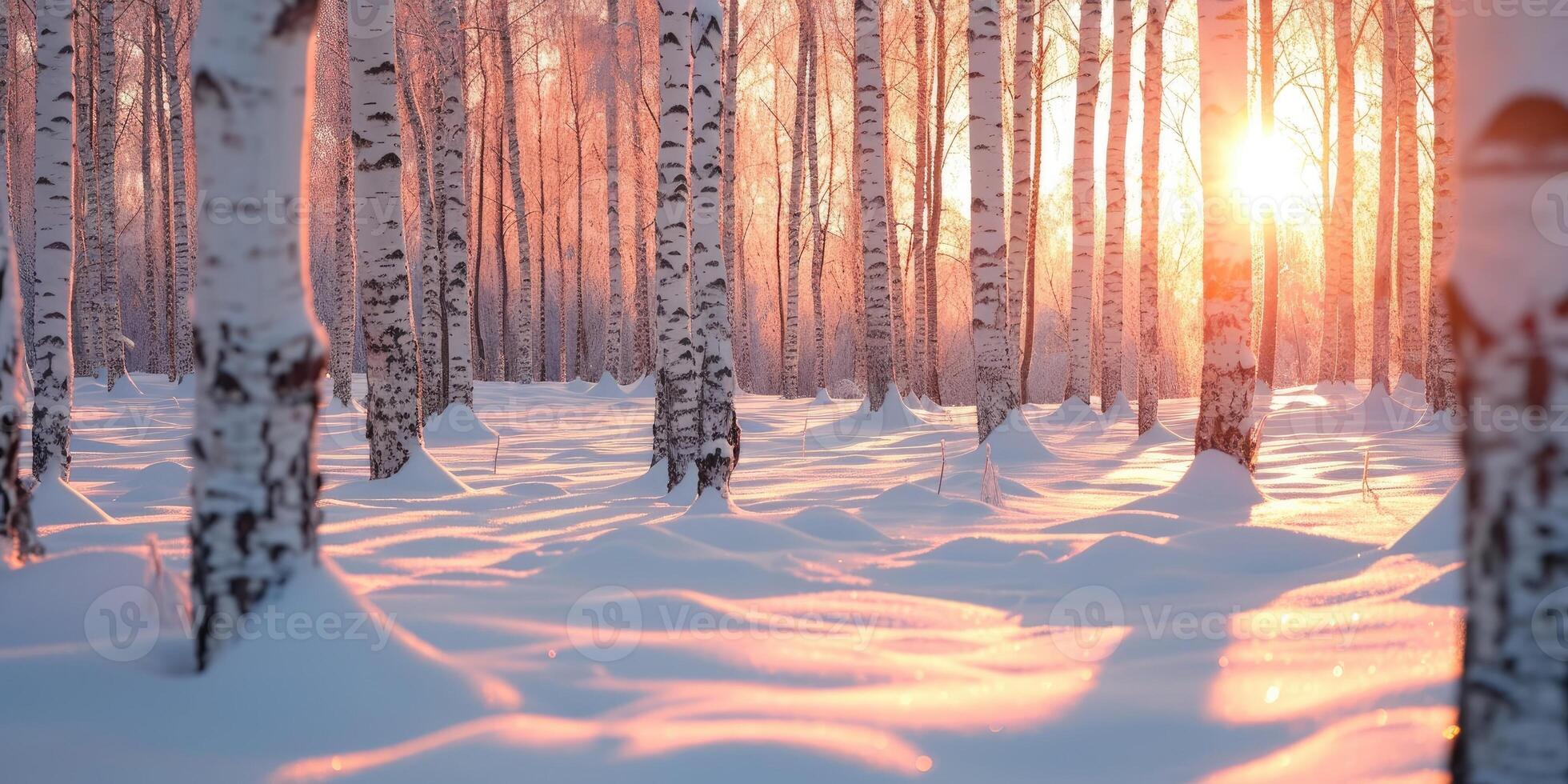 ai généré hiver le coucher du soleil dans le bouleau forêt. ensoleillement entre blanc bouleau les troncs dans glacial temps photo