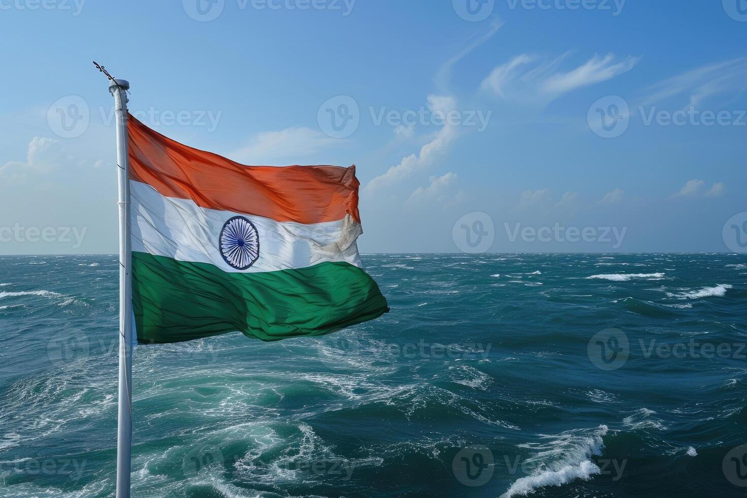 ai généré Indien drapeau agitant par le mer photo
