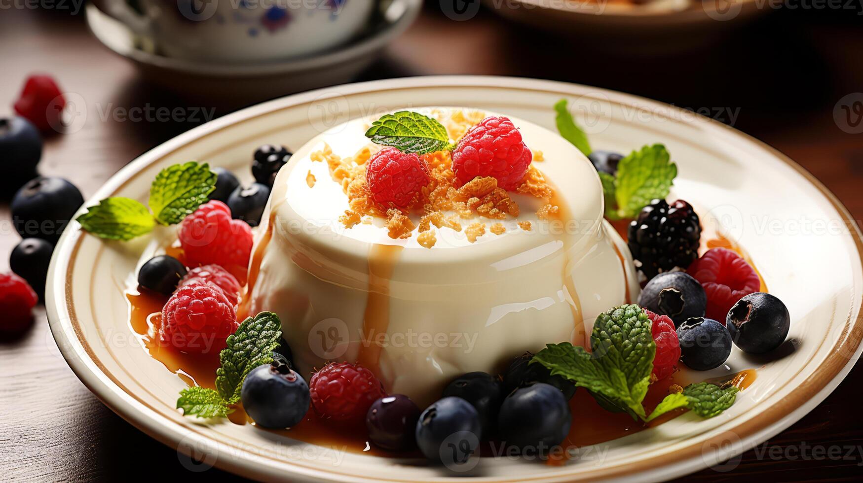 ai généré panna cotta avec caramel sauce et Frais baies sur une plaque. photo