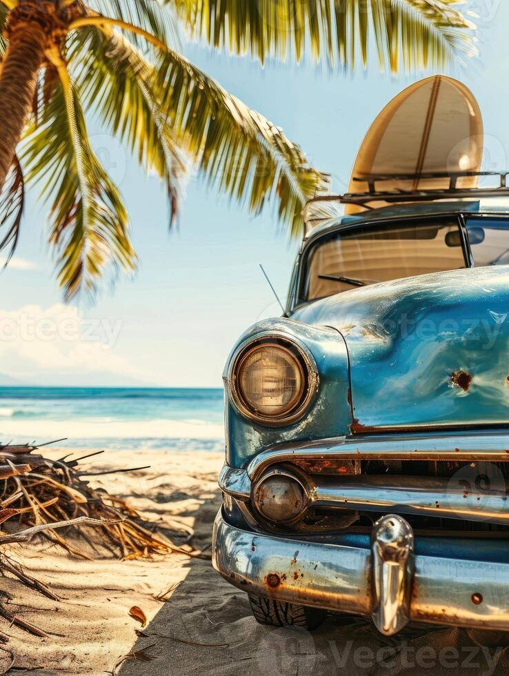 ai généré un vieux voiture garé sur une tropical plage avec une canoë sur le toit. photo