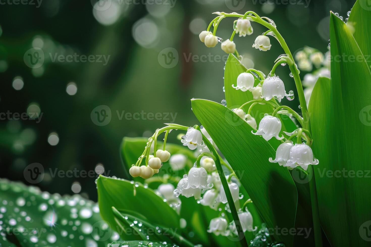 ai généré magnifique blanc fleurs lilly de le vallée dans pluvieux jardin. convallaria majalis des bois floraison plante. photo