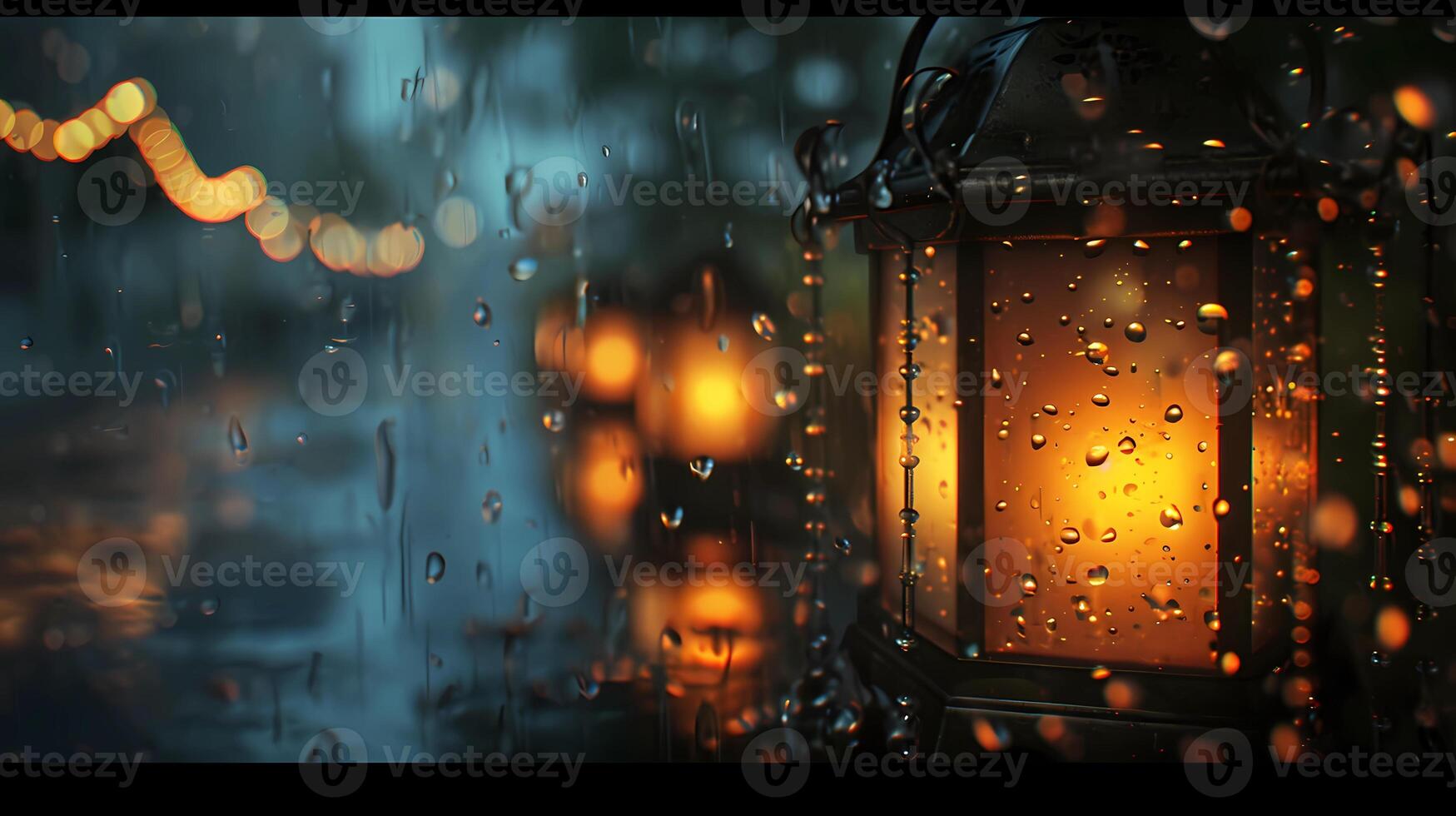 ai généré lanternes brillant dans le pluie photo