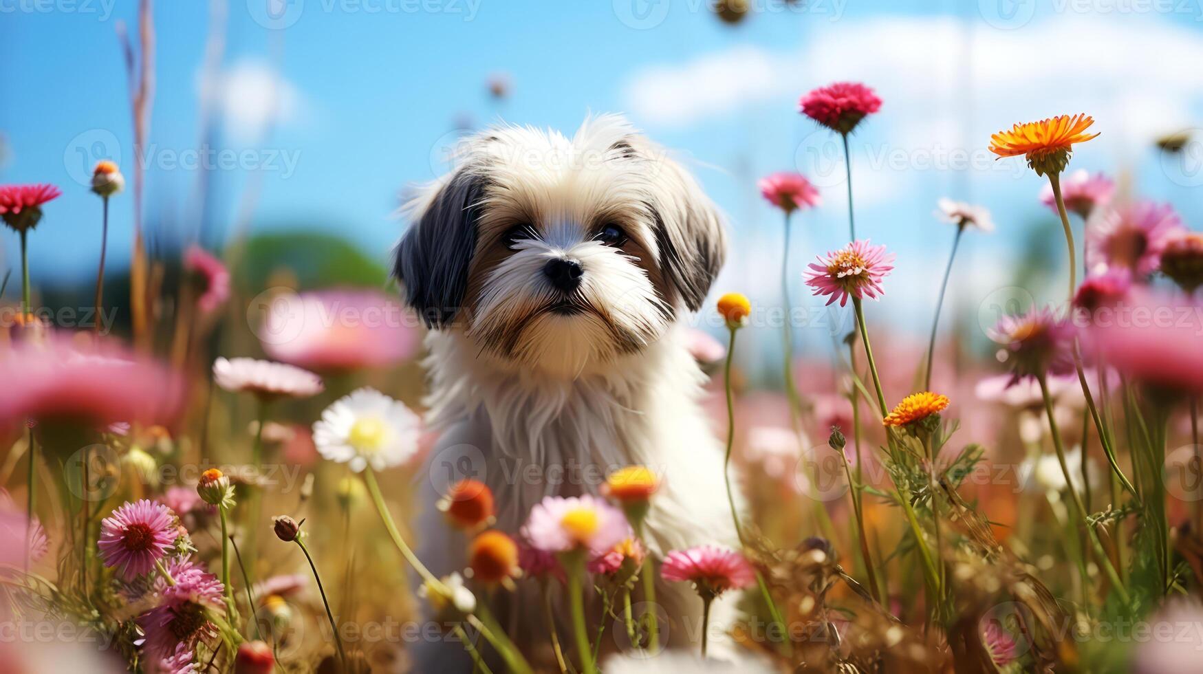 ai généré mignonne shih tzu chiot dans le herbe avec fleurs. photo