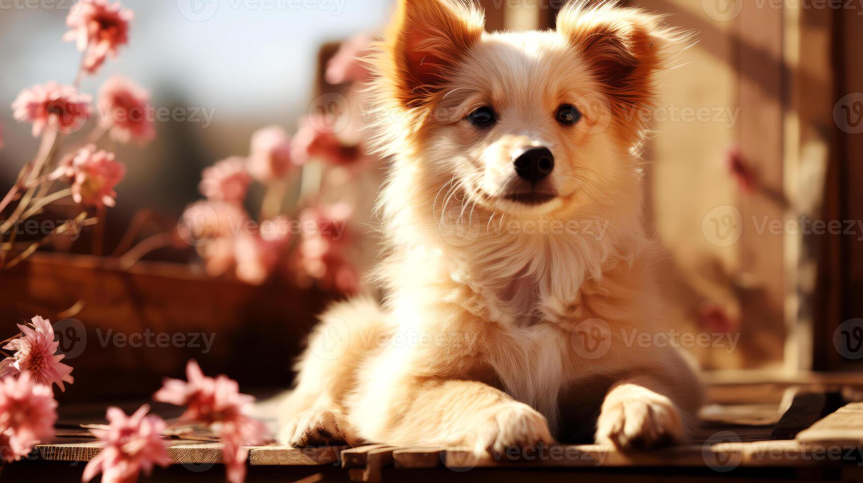 ai généré mignonne peu chien sur en bois table dans ensoleillé journée. photo