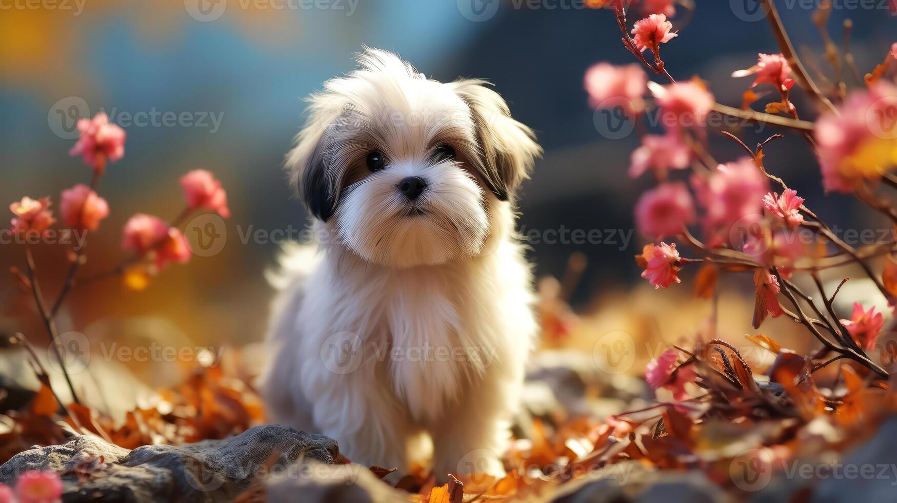 ai généré mignonne shih tzu chiot dans le herbe avec fleurs. photo