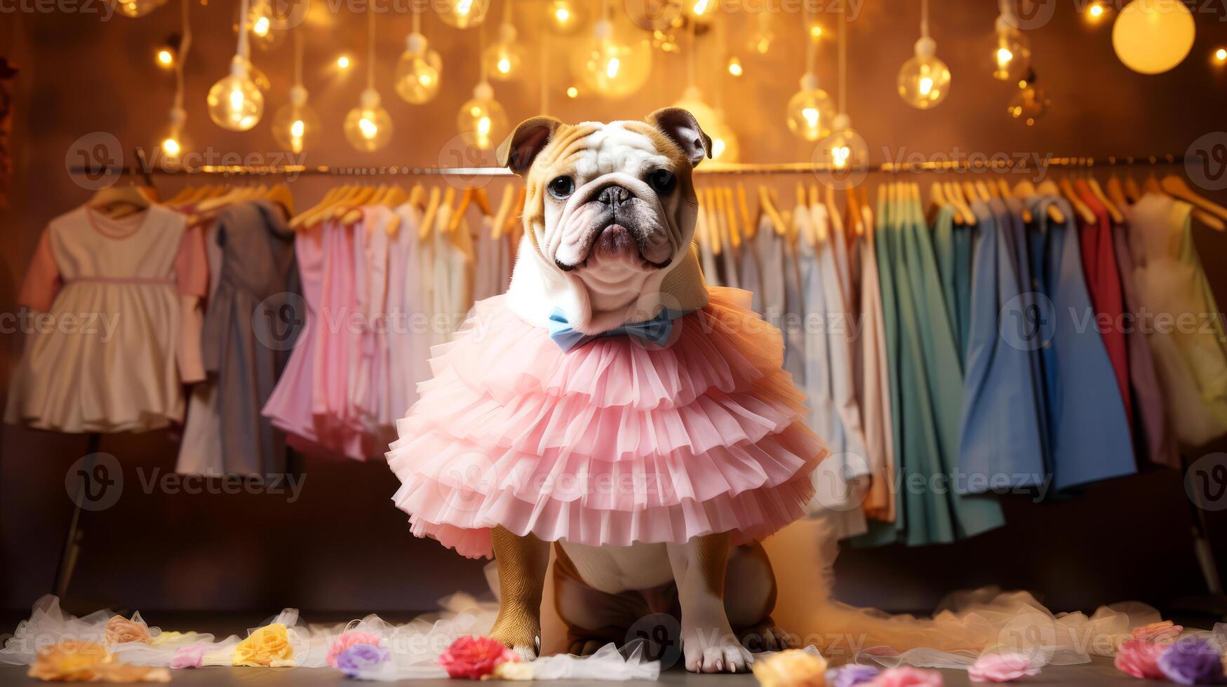 ai généré marrant Anglais bouledogue dans une rose tutu et une arc attacher est assis dans une pièce avec une lot de vêtements. photo