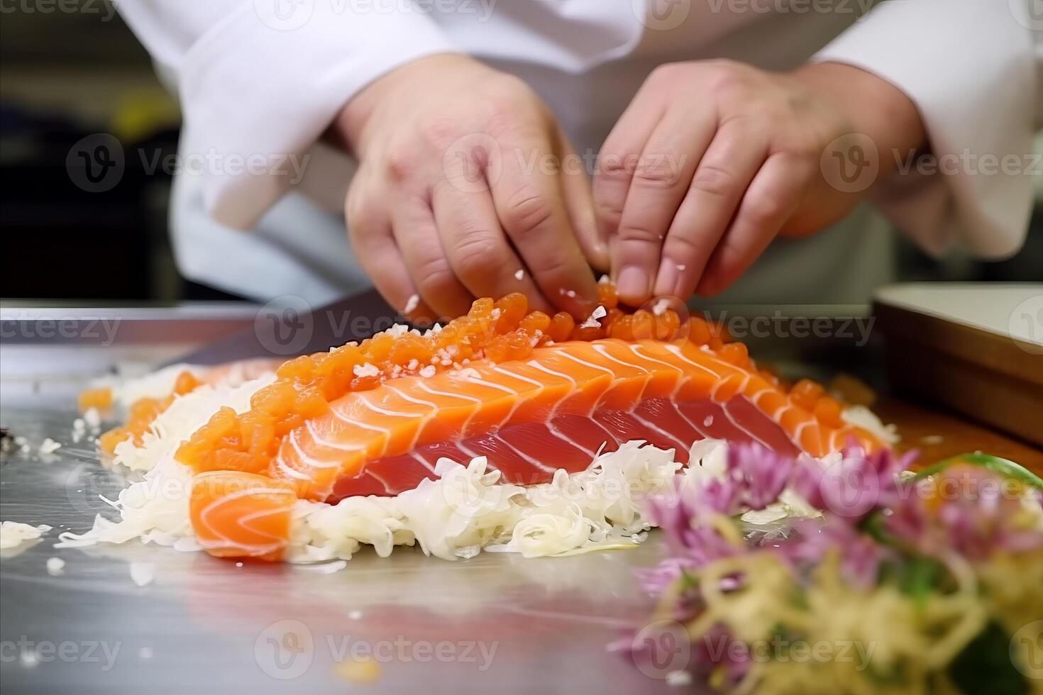 ai généré moderne nourriture styliste décorer ensemble de savoureux Sushi pour présentation dans restaurant. fermer sur le main de une serveur porter nourriture photo