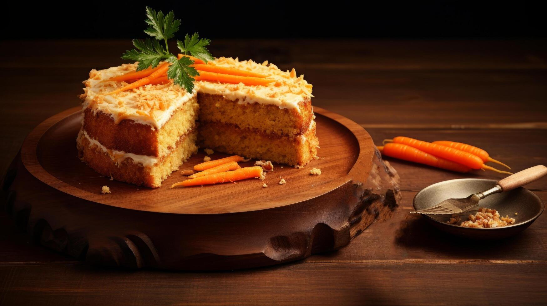 ai généré délicieux carotte gâteau tranche sur en bois table photo