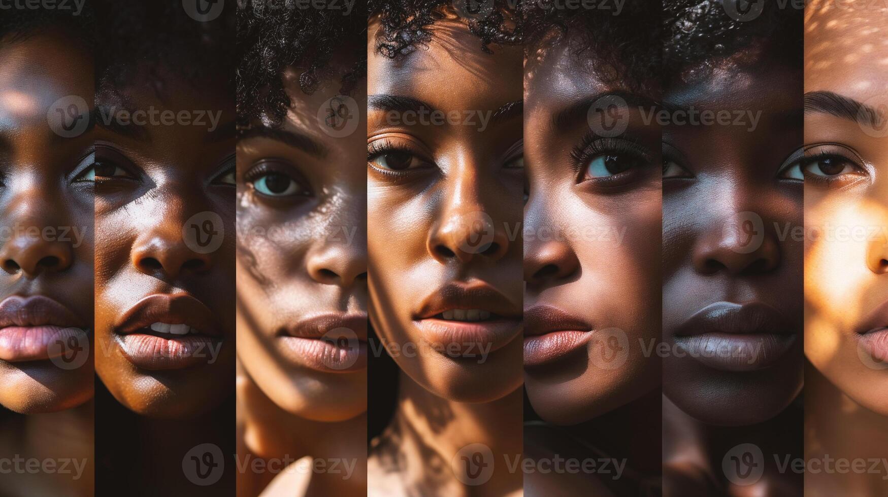 ai généré collage de magnifique africain américain femmes à la recherche à caméra sur noir Contexte photo