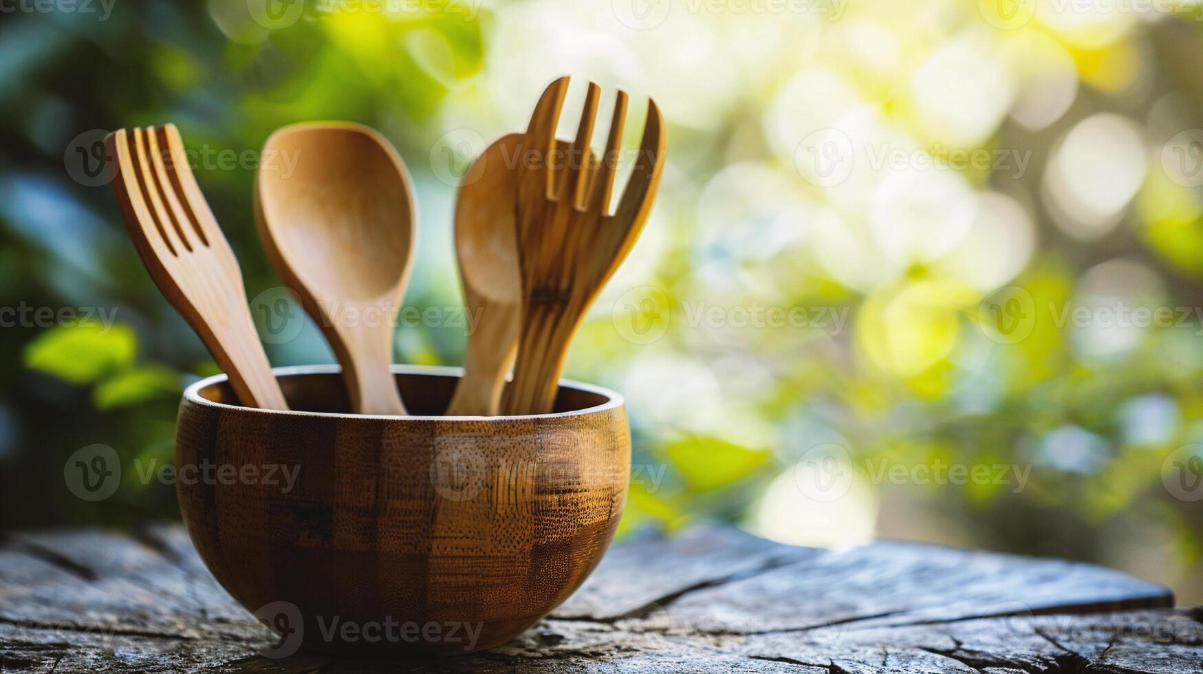 ai généré en bois cuillère et fourchette dans une en bois bol sur la nature Contexte. photo