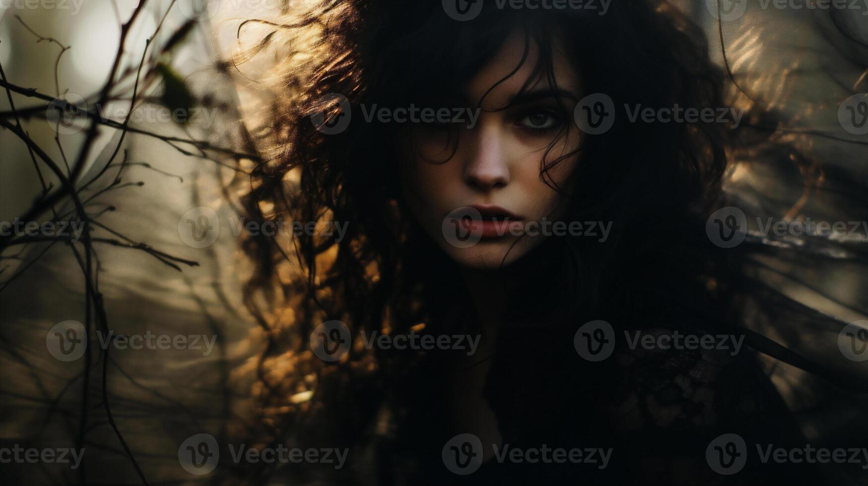 ai généré portrait de une magnifique brunette femme avec longue frisé cheveux. photo