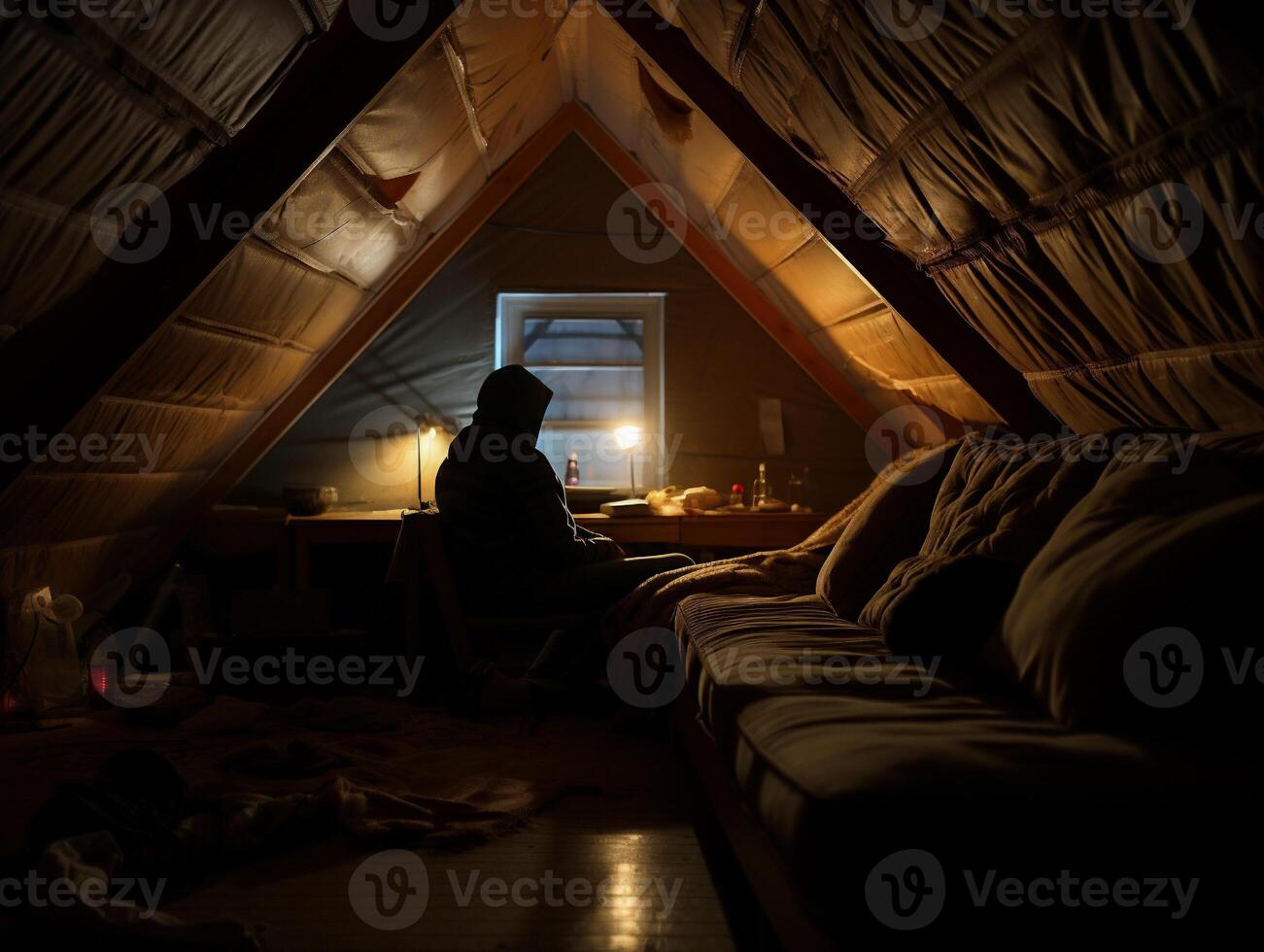 ai généré homme séance dans une tente à nuit et à la recherche en dehors le la fenêtre. photo