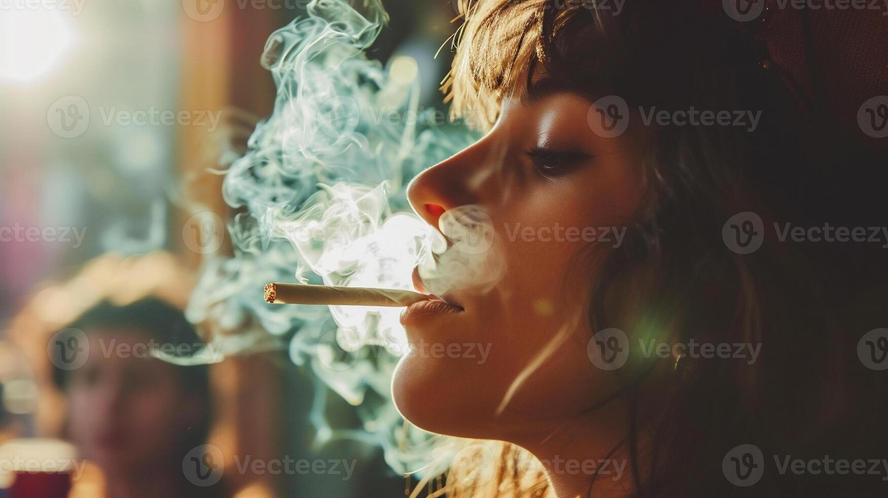 ai généré Jeune femme fumeur une cigarette dans une restaurant. fermer. photo