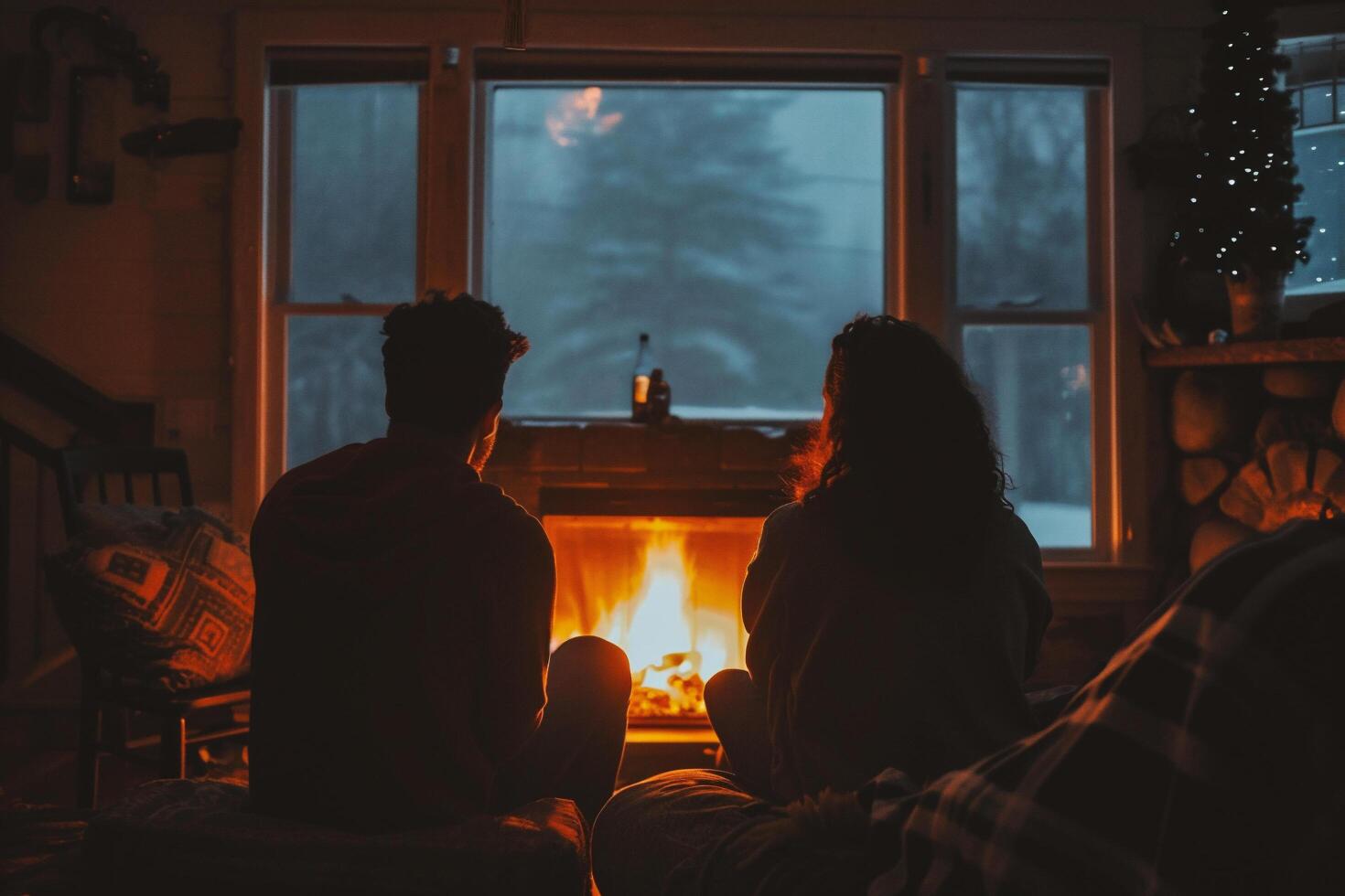 ai généré couple séance dans de face de cheminée à maison, à la recherche à chaque autre photo