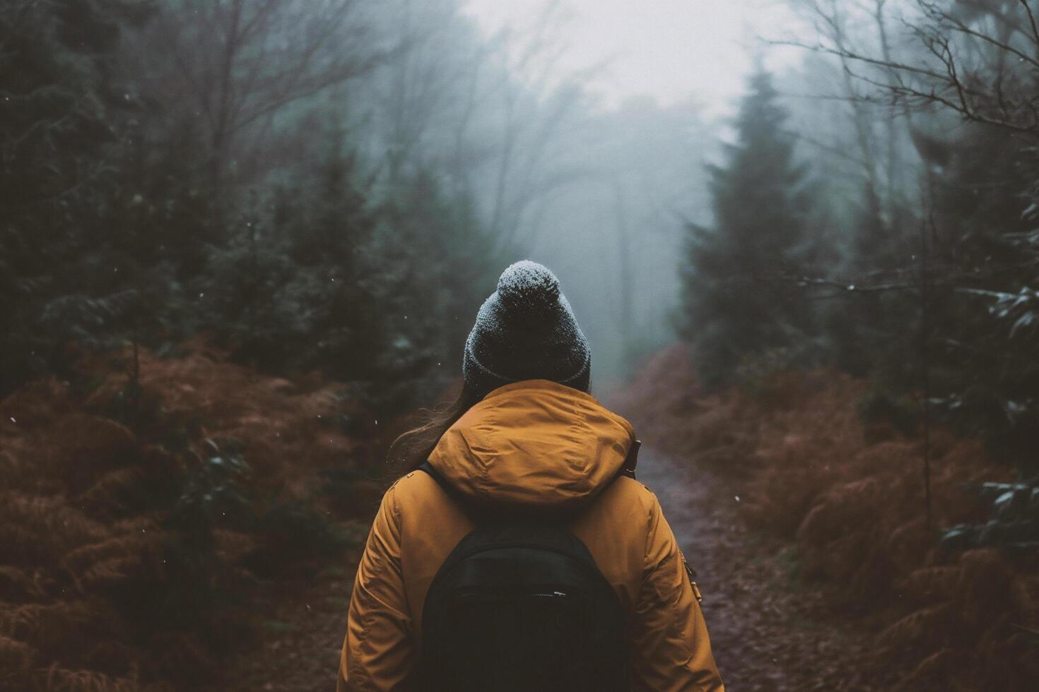 ai généré une Jeune femme avec une sac à dos sur sa retour des promenades par le brumeux forêt. photo