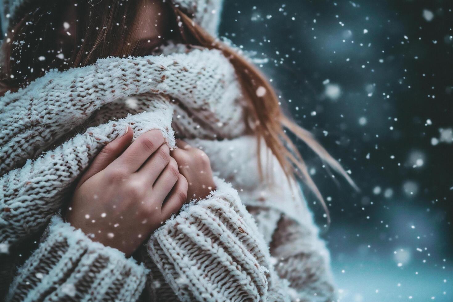 ai généré magnifique Jeune femme dans chandail et écharpe avec flocons de neige en plein air. photo