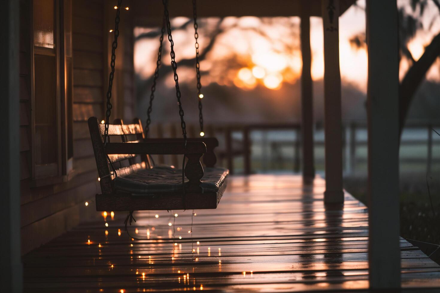 ai généré pluie gouttes sur une en bois balançoire dans le pluie. photo