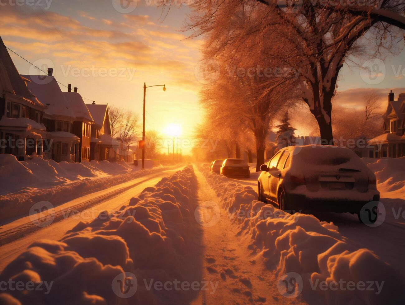ai généré hiver route couvert avec neige à le coucher du soleil ou lever du soleil dans le ville. photo