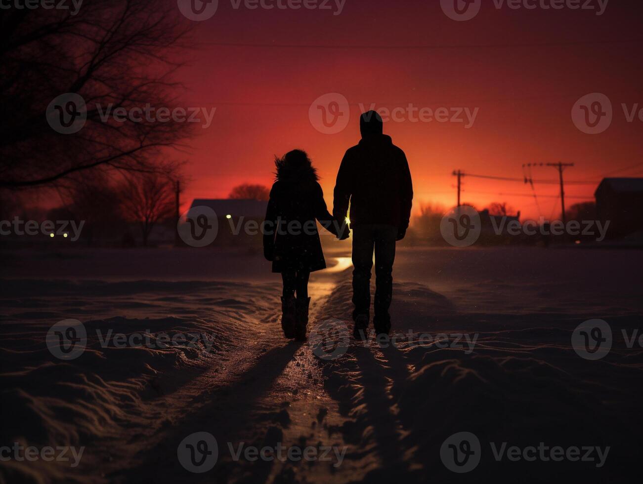 ai généré silhouette de une Jeune couple en marchant dans le neige à le coucher du soleil photo