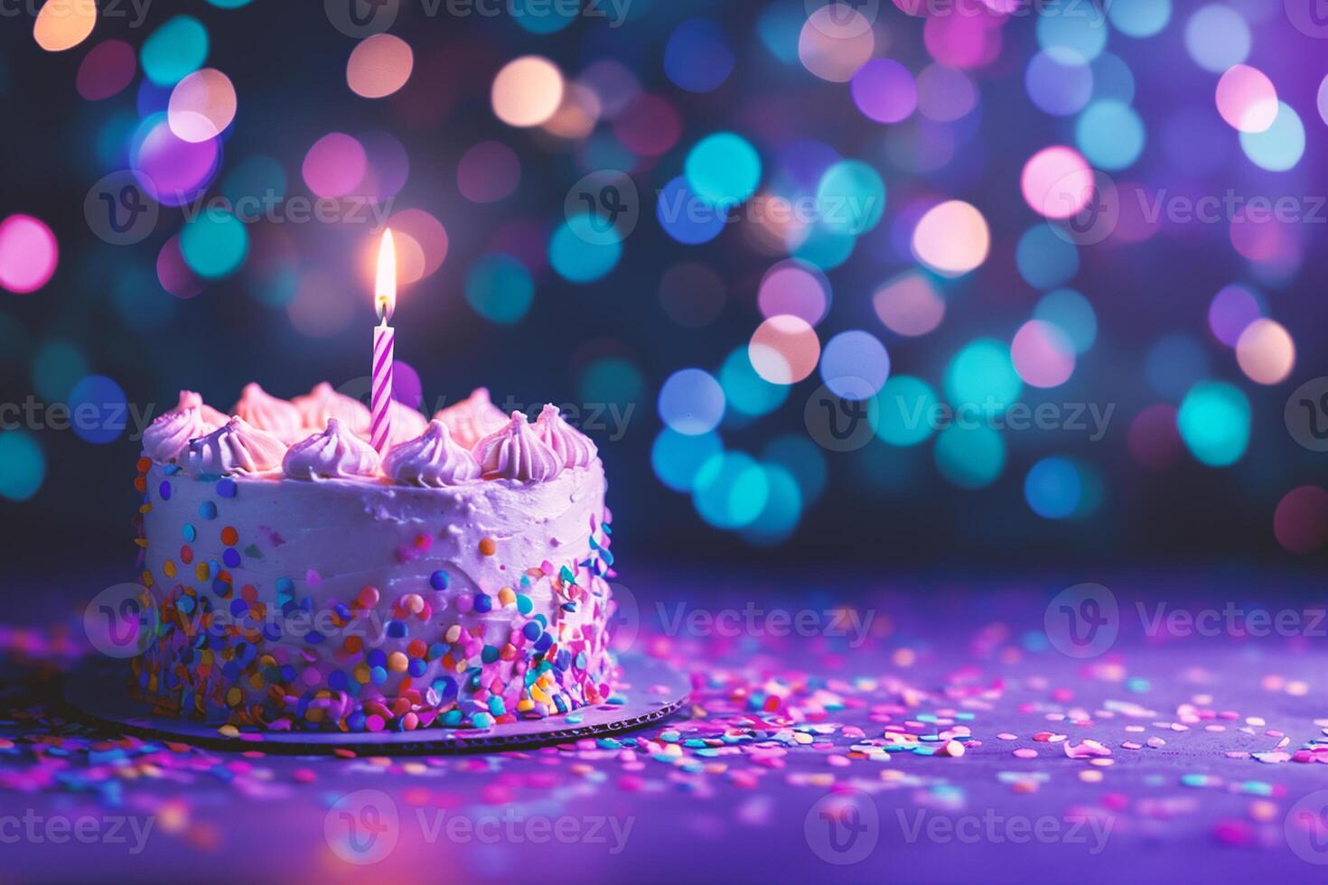 ai généré anniversaire gâteau avec brûlant bougie sur coloré bokeh lumières Contexte photo