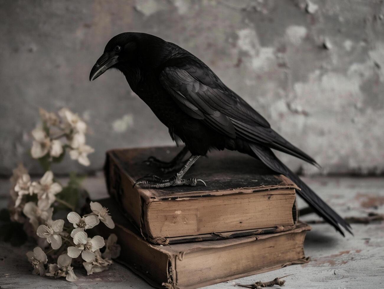 ai généré noir corbeau séance sur une empiler de vieux livres. foncé Contexte. photo