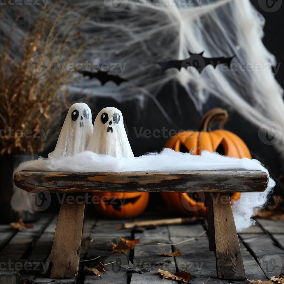 ai généré Halloween décoration avec citrouilles, des fantômes et les araignées sur en bois Contexte photo
