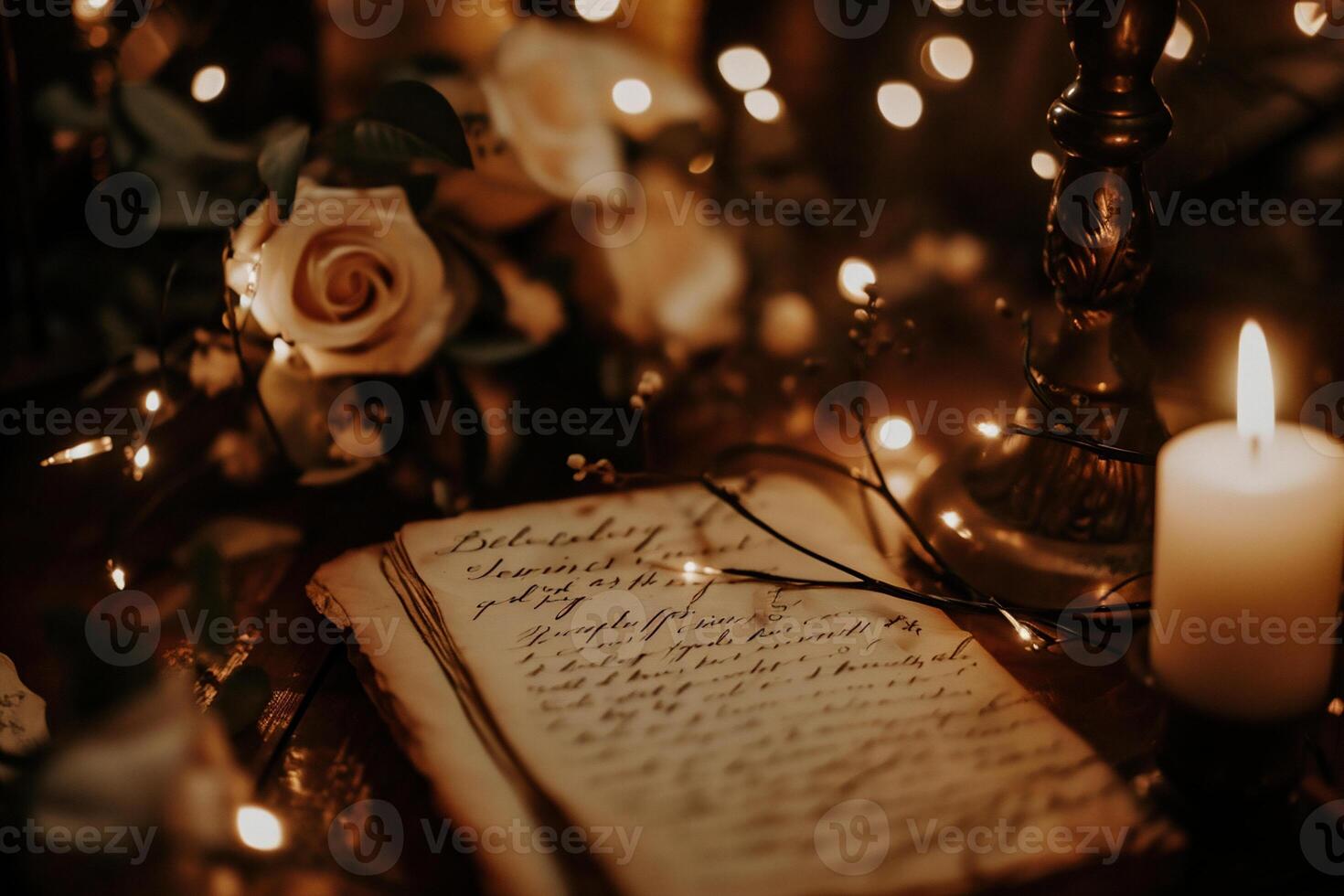ai généré ancien la magie livre avec Rose et bougies sur le tableau. Noël Contexte. photo