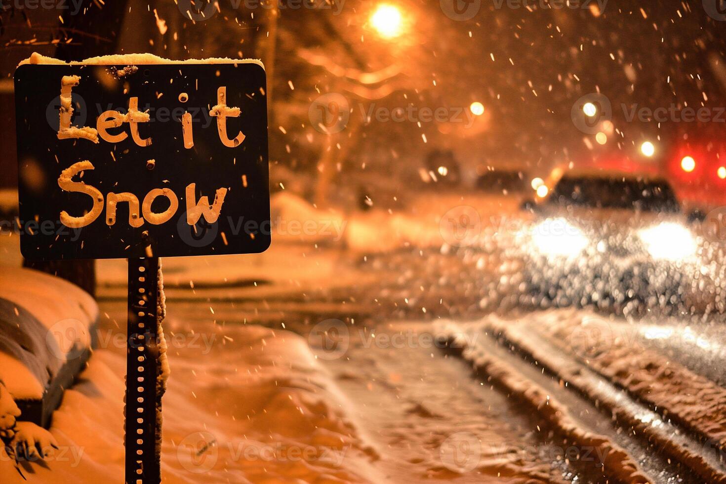 ai généré laisser il neige signe dans de face de une voiture sur une neigeux nuit photo