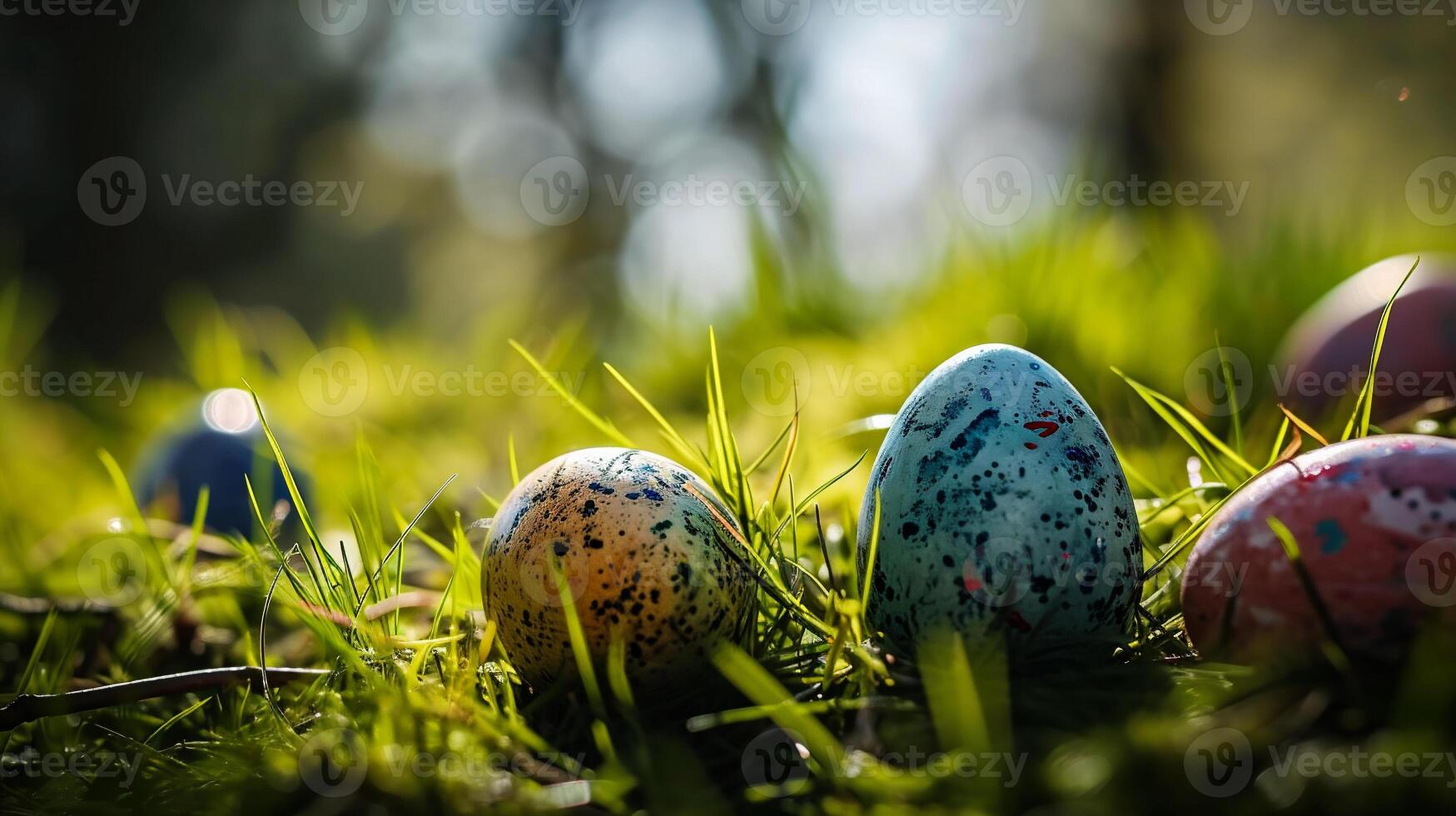 ai généré Pâques des œufs sur vert herbe avec fleurs et bokeh effet photo