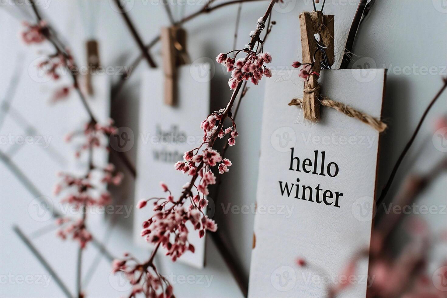 ai généré en bois enseigne avec le une inscription Bonjour hiver photo