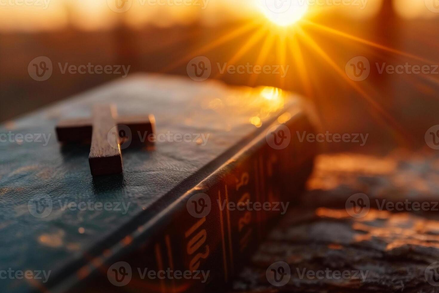 ai généré en bois traverser et saint Bible sur le Contexte de le coucher du soleil photo