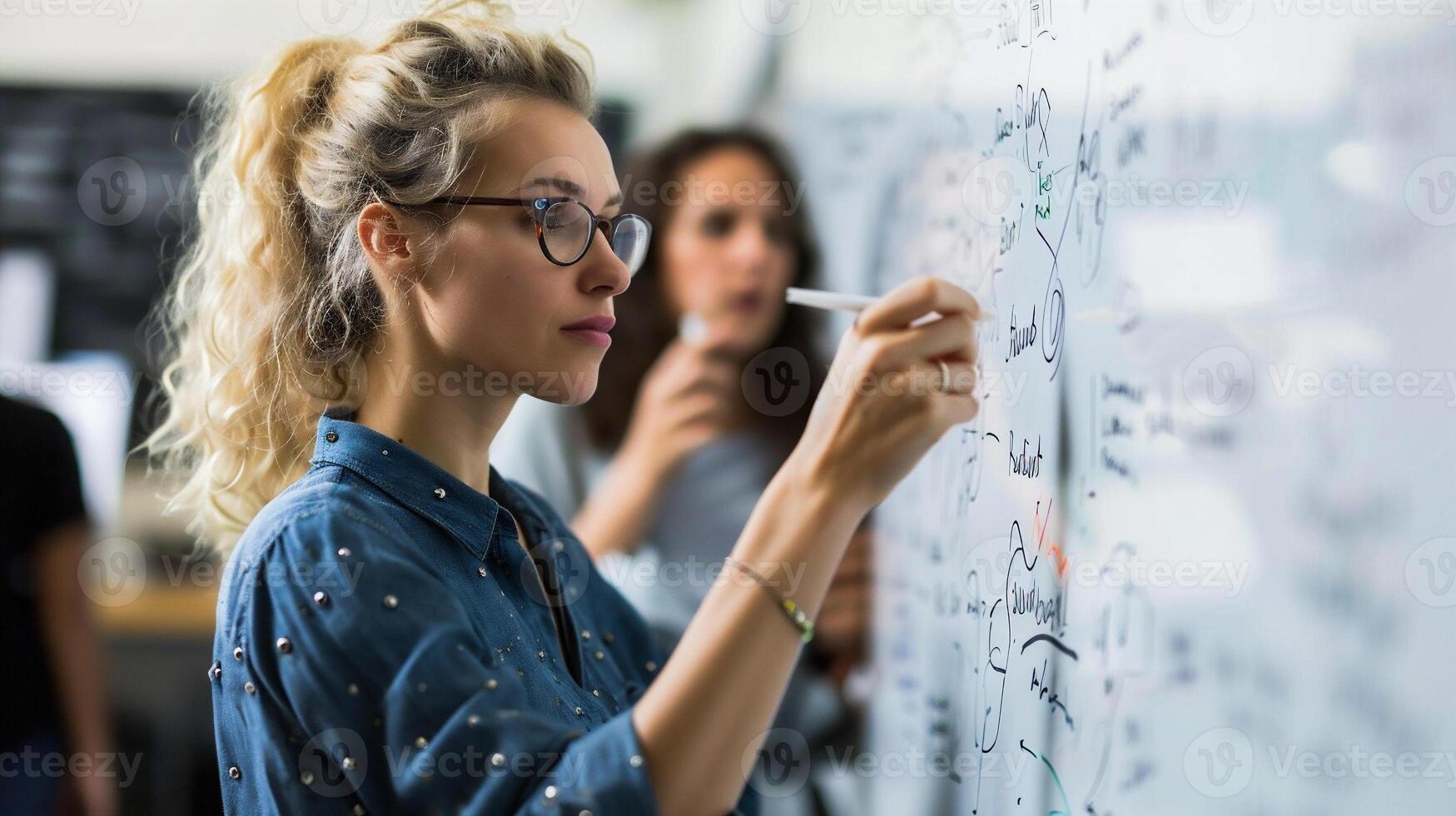 ai généré portrait de Jeune femme d'affaires l'écriture sur tableau à feuilles dans moderne Bureau photo