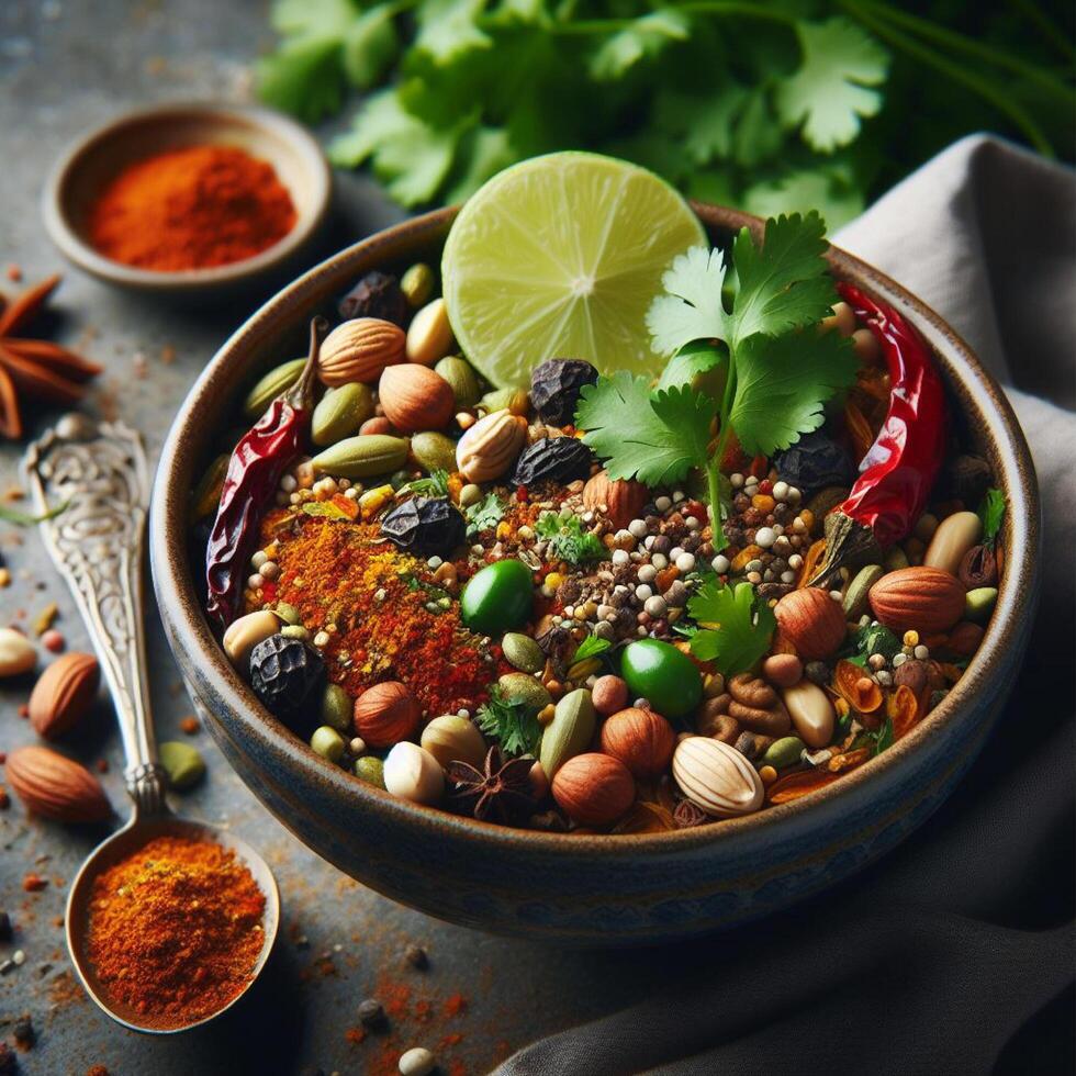 ai généré curry Masala poudre avec ingrédients, cette est une commun pimenter ,curry poudre dans Indien cuisine photo