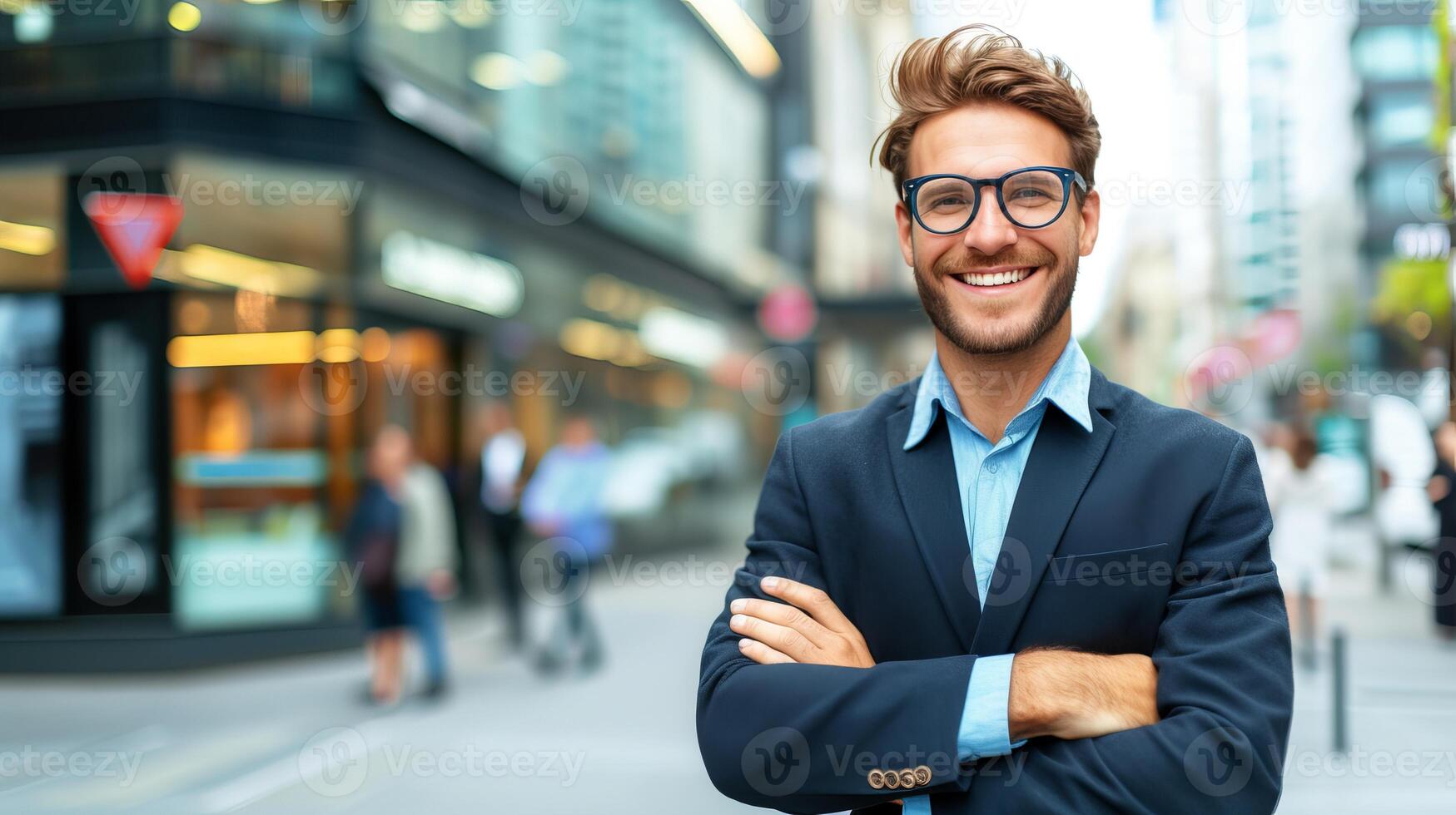 ai généré professionnel Jeune homme d'affaire portrait en plein air avec flou affaires centre Contexte photo